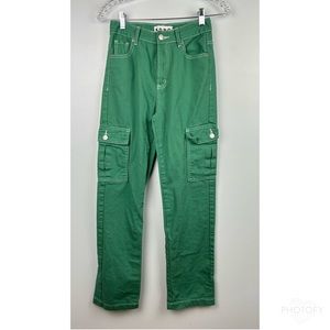 S.O.N.G. 90’s Cargo Wide Leg High Rise Boyfriend Jeans Green 100% Cotton Sz 0/24